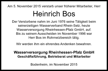 Traueranzeige von Heinrich Bos von  Wormser Zeitung