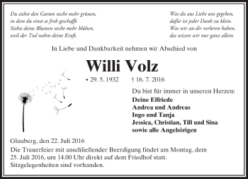 Traueranzeige von Willi Volz von  Kreisanzeiger