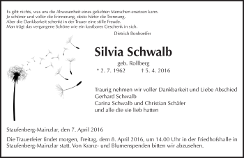 Traueranzeige von Silvia Schwalb von  Gießener Anzeiger