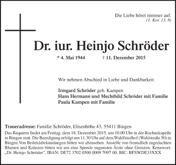 Traueranzeige von Heinjo Schröder von  Allgemeine  Zeitung Ingelheim-Bingen