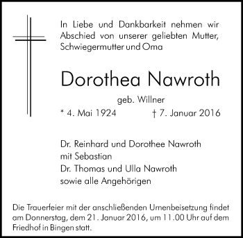 Traueranzeige von Dorothea Nawroth von  Allgemeine  Zeitung Ingelheim-Bingen
