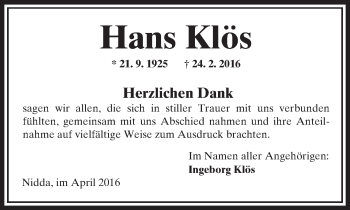 Traueranzeige von Hans Klös von  Sonntags Anzeiger