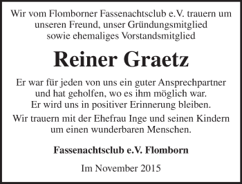 Traueranzeige von Reiner Graetz von  Allgemeine Zeitung Alzey