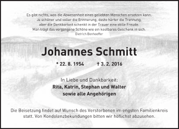 Traueranzeige von Johannes Schmitt von  Wormser Zeitung