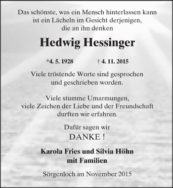 Traueranzeige von Hedwig Hessinger von  Allgemeine Zeitung Mainz