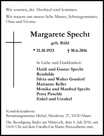 Traueranzeige von Margarete Specht von Trauerportal Rhein Main Presse