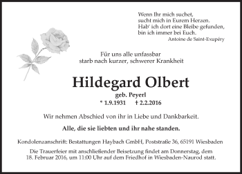 Traueranzeige von Hildegard Olbert von  Wiesbaden komplett
