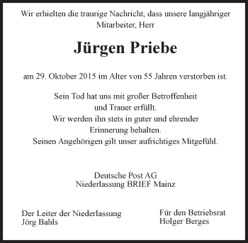 Traueranzeige von Jürgen Priebe von  Allgemeine Zeitung Mainz