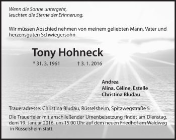 Traueranzeige von Tony Hohneck von  Mainspitze Traueranzeige von Tony Hohneck von  Mainspitze