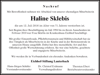 Traueranzeige von Haline Sklebis von VRM Trauer
