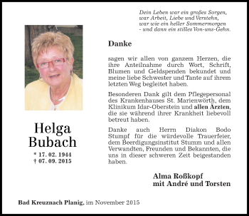 Traueranzeige von Helga Bubach von  Allg. Zeitung Bad Kreuznach