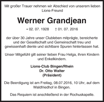 Traueranzeige von Werner Grandjean von Trauerportal Rhein Main Presse