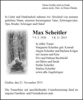 Traueranzeige von Max Scheitler von  Gießener Anzeiger