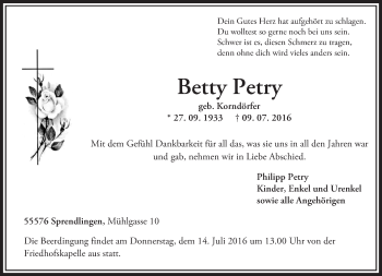 Traueranzeige von Betty Petry von Trauerportal Rhein Main Presse