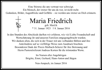 Traueranzeige von Maria Friedrich von  Usinger Anzeiger