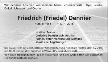 Traueranzeige von Friedrich Dennier von  Wormser Zeitung
