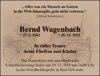 Traueranzeige von Bernd Wagenbach von  Gelnhäuser Tageblatt