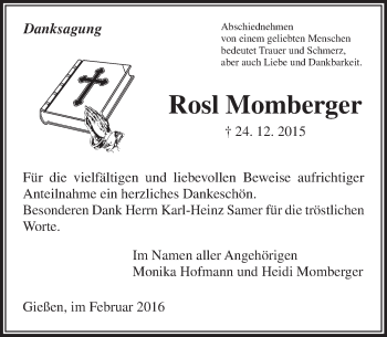 Traueranzeige von Rosl Momberger von  Gießener Anzeiger