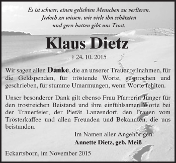 Traueranzeige von Klaus Dietz von  Sonntags Anzeiger