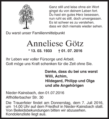 Traueranzeige von Anneliese Götz von Trauerportal Echo Online