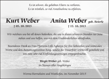 Traueranzeige von Anita Weber von  Wormser Zeitung