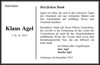Traueranzeige von Klaus Agel von  OK Oberhessen Kurier