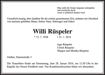 Traueranzeige von Willi Rüspeler von  Gießener Anzeiger