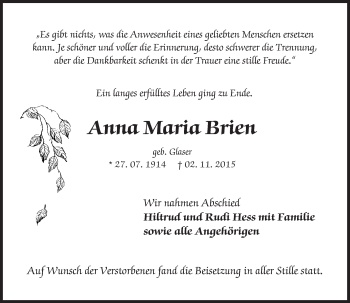 Traueranzeige von Anna Maria Brien von  Wormser Zeitung