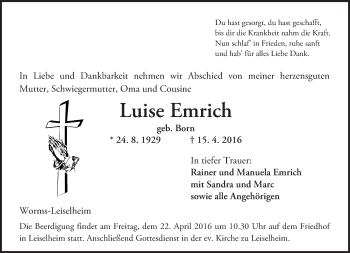 Traueranzeige von Luise Emrich von  Wormser Zeitung