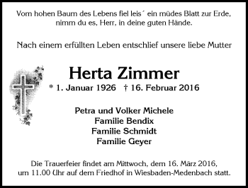 Traueranzeige von Herta Zimmer von  Wiesbaden komplett