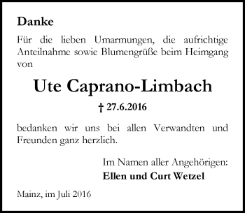Traueranzeige von Ute Caprano-Limbach von Trauerportal Rhein Main Presse Traueranzeige von Ute Caprano-Limbach von Trauerportal Rhein Main Presse