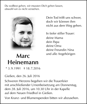 Traueranzeige von Marc Heinemann von  Gießener Anzeiger