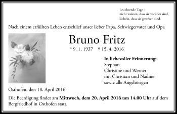 Traueranzeige von Bruno Fritz von  Wormser Zeitung