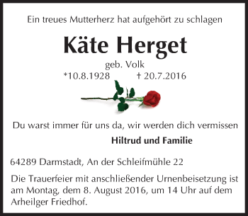 Traueranzeige von Käte Herget von Trauerportal Echo Online