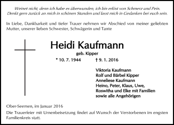 Traueranzeige von Heidi Kaufmann von  Kreisanzeiger