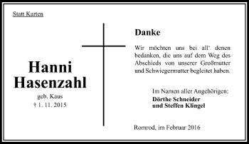 Traueranzeige von Hanni Hasenzahl von  OK Oberhessen Kurier
