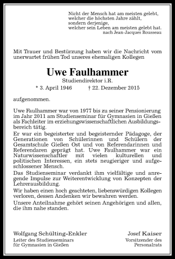 Traueranzeige von Uwe Faulhammer von  Gießener Anzeiger