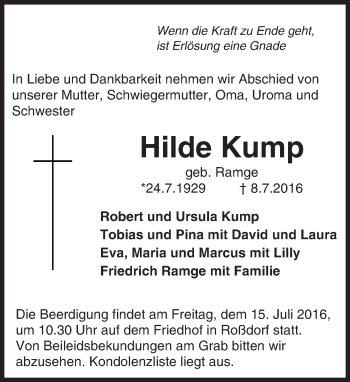 Traueranzeige von Hilde Kump von Trauerportal Echo Online
