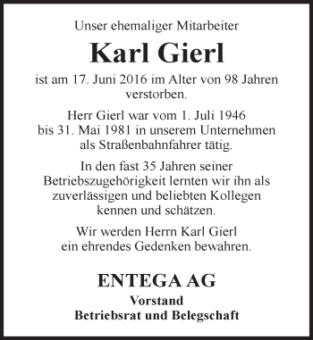 Traueranzeige von Karl Gierl von Trauerportal Echo Online