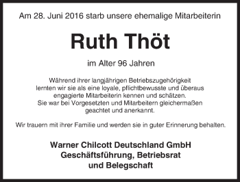 Traueranzeige von Ruth Thöt von Trauerportal Echo Online