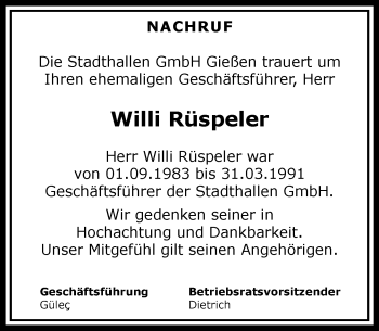 Traueranzeige von Willi Rüspeler von  Gießener Anzeiger