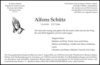 Traueranzeige von Alfons Schütz von Trauerportal Rhein Main Presse