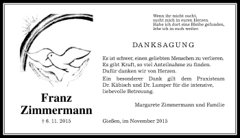 Traueranzeige von Franz Zimmermann von  Gießener Anzeiger