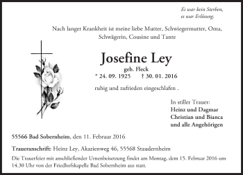 Traueranzeige von Josefine Ley von  Allg. Zeitung Bad Kreuznach