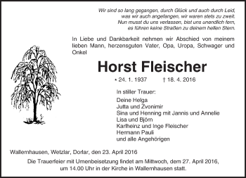 Traueranzeige von Horst Fleischer von  Kreisanzeiger