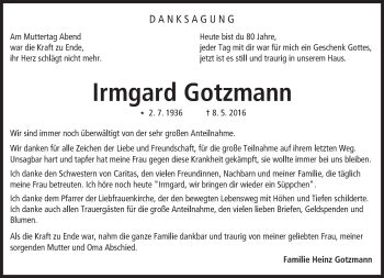 Traueranzeige von Irmgard Gotzmann von Trauerportal Echo Online