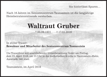 Traueranzeige von Waltraut Gruber von trauer.rmp.de