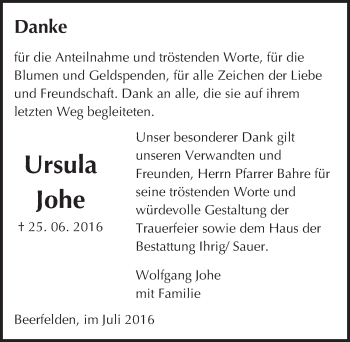Traueranzeige von Ursula Johe von Trauerportal Echo Online