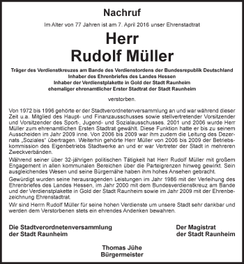 Traueranzeige von Rudolf Müller von trauer.rmp.de