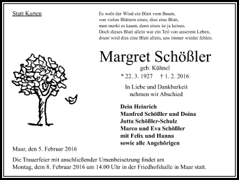 Traueranzeige von Margret Schößler von VRM Trauer